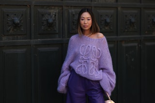 Aimee Song on support systems and motherhood. Here, she is seen wearing total purple Loewe look, out...