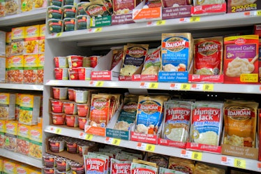 Shelves of instant mashed potatoes packets at Walmart. (Photo by: Jeff Greenberg/Universal Images Gr...