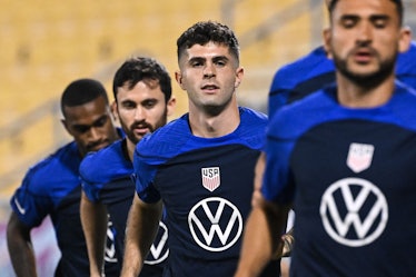 USA's forward Christian Pulisic (C) takes part in a training session at Al Gharafa Training Site in ...