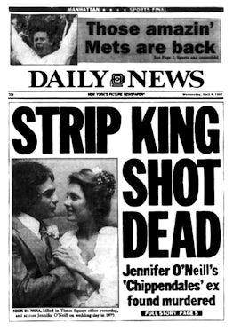 UNITED STATES - APRIL 08:  Daily News Front page April 8, 1987. Headlines, STRIP KING, SHOT DEAD, Je...