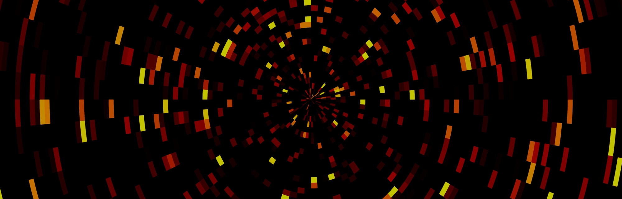 Lots of red and yellow rectangles arranged in circles shaping a vortex over black background