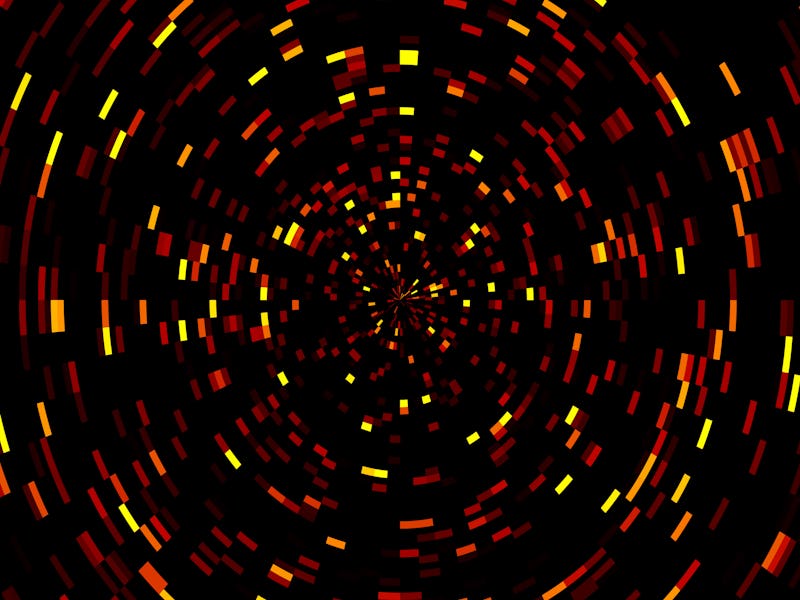 Lots of red and yellow rectangles arranged in circles shaping a vortex over black background