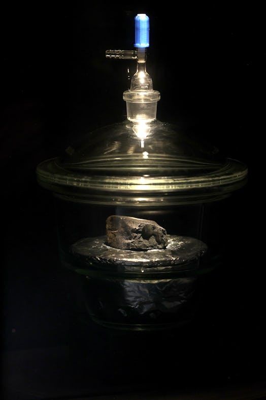 LONDON, ENGLAND - MAY 13: The Winchcombe meteorite sits on display at the Natural History Museum on ...