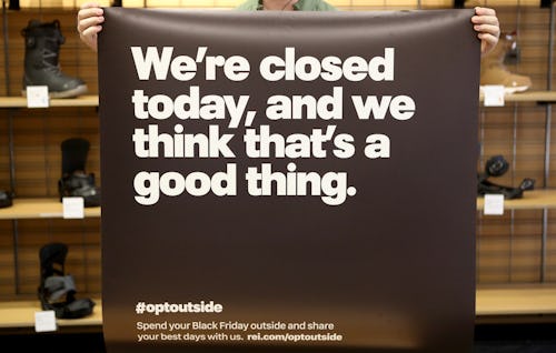 A sign that will be used to inform customers of the reason behind REI closing on Black Friday is pho...