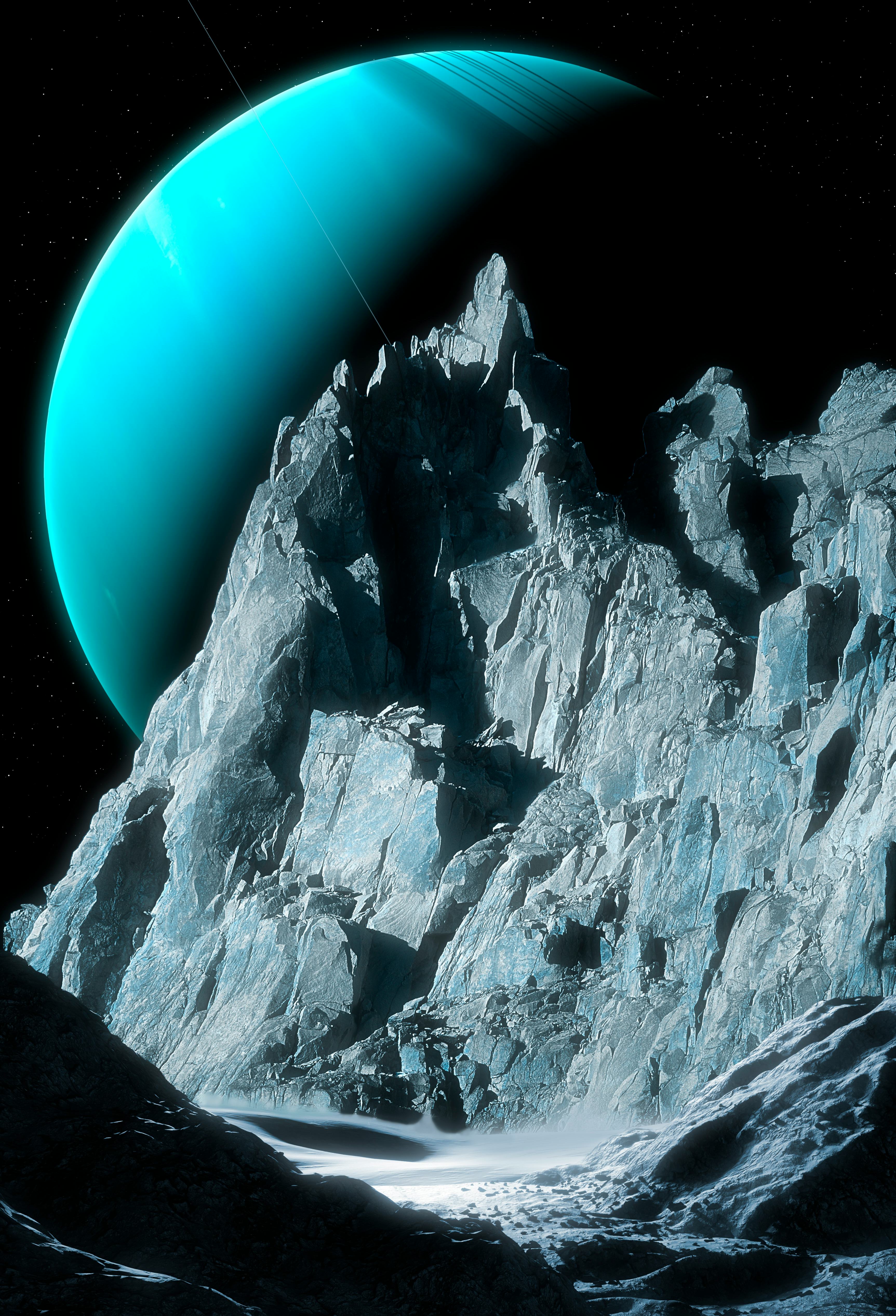 An impression of the green ice giant planet, Uranus, seen from the surface of its innermost substant...