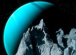 An impression of the green ice giant planet, Uranus, seen from the surface of its innermost substant...