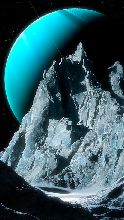 An impression of the green ice giant planet, Uranus, seen from the surface of its innermost substant...