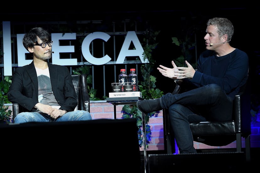 NEW YORK, NY - APRIL 29:  Video game designer Hideo Kojima (L) and journalist Geoff Keighley speak a...