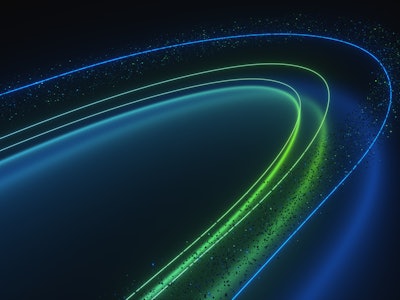 Neon lines reflecting in the floor. Oval lines made of green and blue lasers.  Space debris is flyin...