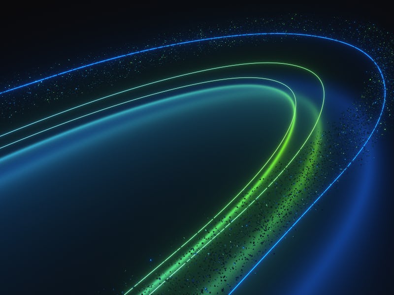 Neon lines reflecting in the floor. Oval lines made of green and blue lasers. Space debris is flyin...