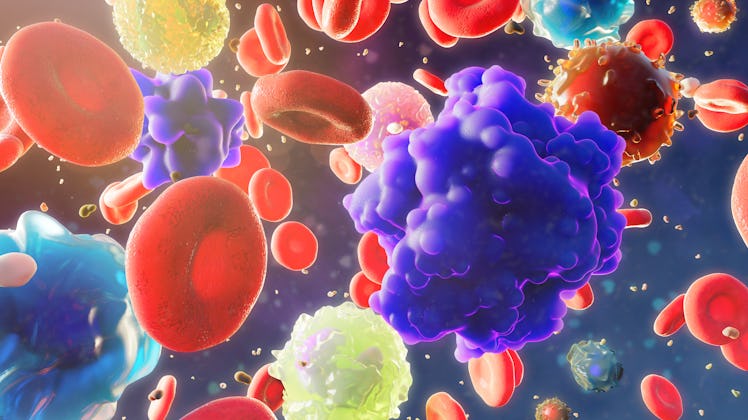 Illustration of blood cells with circulating tumor cells. Depicted here are red blood cells (Red), t...