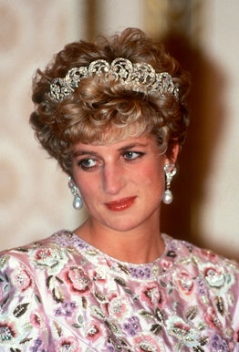 Princess Diana is seen wearing a tiara and earrings that were given to Kate Middleton after her deat...