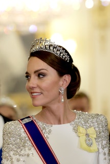 Kate Middleton wears the Lover’s Knot tiara.