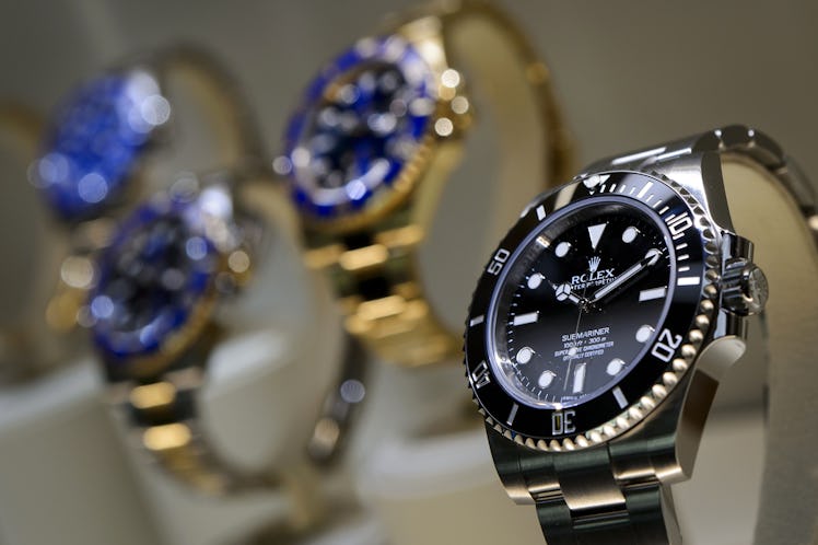 A view of watches by Swiss watchmaker Rolex during the media day of the 42nd edition of the 'Baselwo...