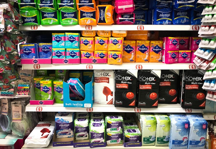 Sanitary products and tampons on sale in a Glasgow supermarket. (Photo by Jane Barlow/PA Images via ...