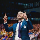 Roger Bennett, co-host of the soccer podcast Men in Blazers, introduces the video game FIFA 18 at th...