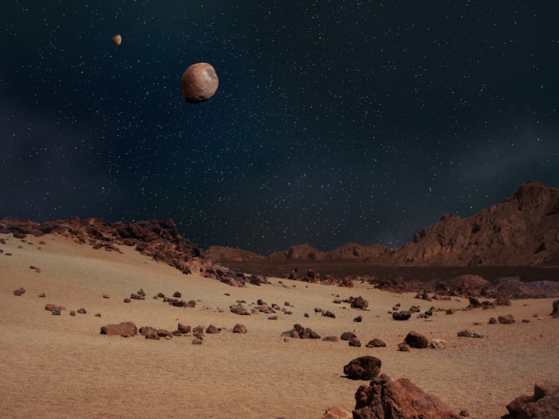 Illustration of moons Phobos and Deimos in the sky of the Planet Mars rocky landscape.