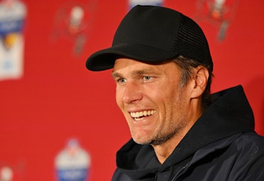 MUNICH, GERMANY - NOVEMBER 13: Tom Brady #12 of the Tampa Bay Buccaneers speaks to the media after t...