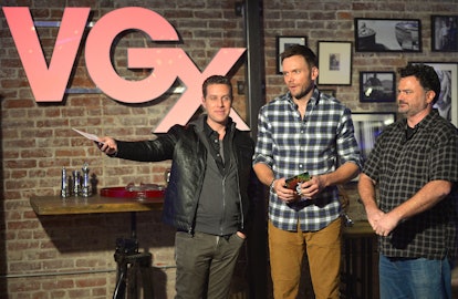 LOS ANGELES, CA - DECEMBER 07:  Hosts Joel McHale (C) and Geoff Keighley (L) and Tim Schafer at VGX ...