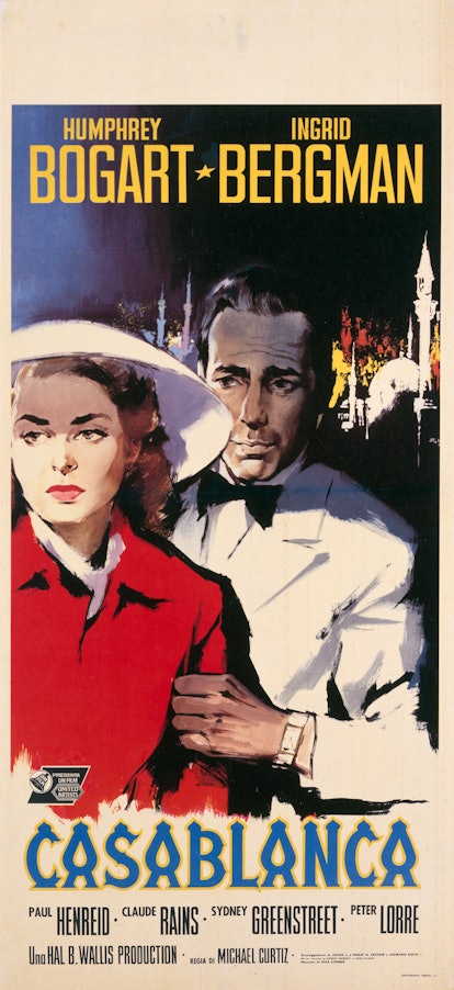 迈克尔·柯蒂斯1942年的电影《卡萨布兰卡》的海报，由亨弗莱·鲍嘉和英格丽·褒曼主演。(…