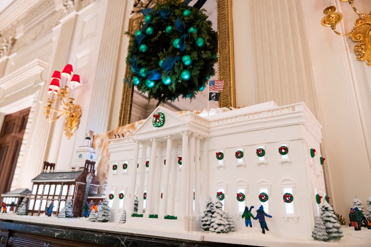 The Gingerbread White House is seen in the State Dining Room during the media preview of the 2022 Ho...