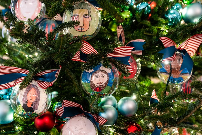 Christmas ornaments of self portraits by the students of the 2021 Teachers of the Year from across t...