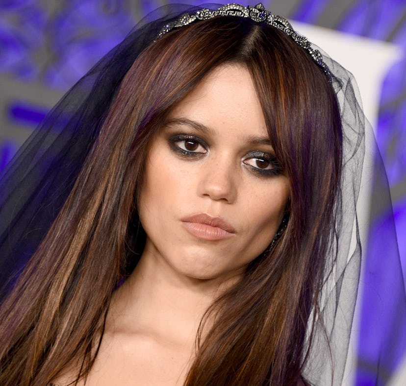 Jenna Ortega wears Wednesday Addams makeup at Netflix's "Wednesday" premiere.