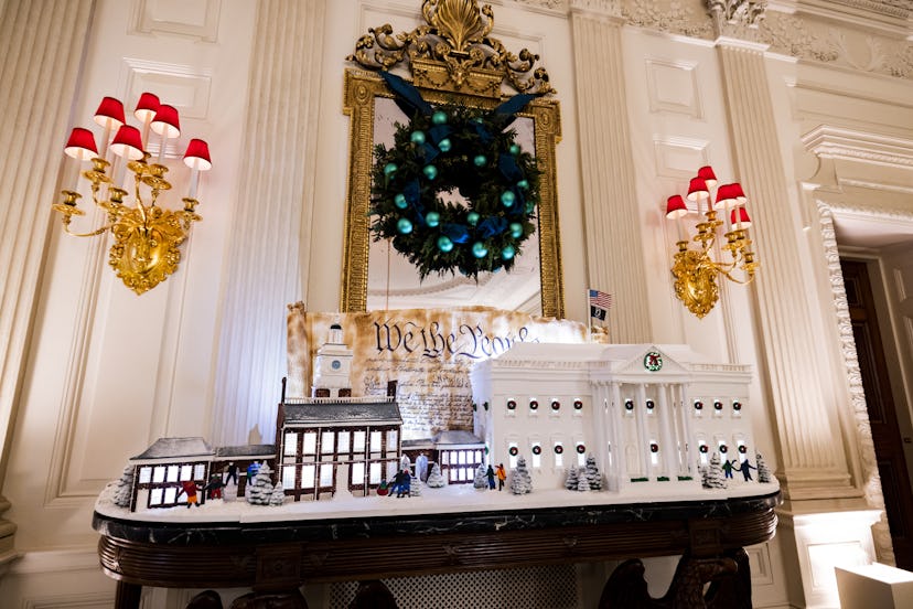 Christmas decorations are seen in the State Dining Room of the White House.