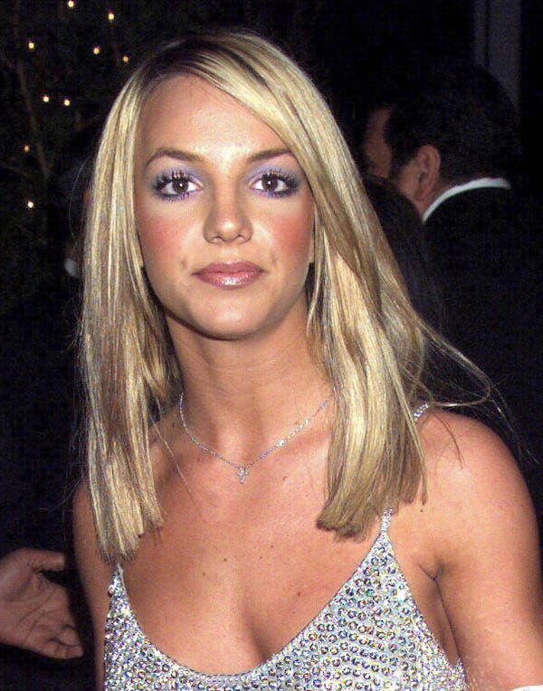 Britney Spears wore Y2K blue eyeshadow at the Clive Davis pre Grammy Party at the Beverly Hilton on ...