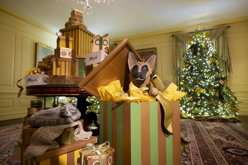 Christmas decorations are seen in the Vermeil Room of the White House.
