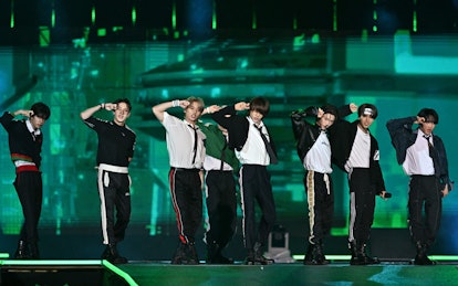 South Korean K-pop group Stray Kids performs during a K-pop concert as part of Seoul Festa 2022 at J...