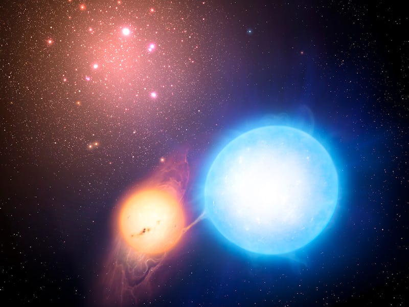 This illustration shows a star stealing mass from its companion, in a process similar to that which ...