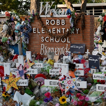 UVALDE, TX - JULY 9:
Thousands of items left as a tribute to the 19 students and two teachers who we...