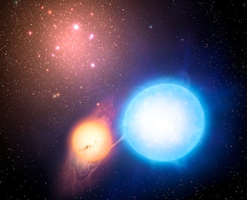 Illustration of a binary star on the outskirts of a globular cluster. Recent studies of such binarie...