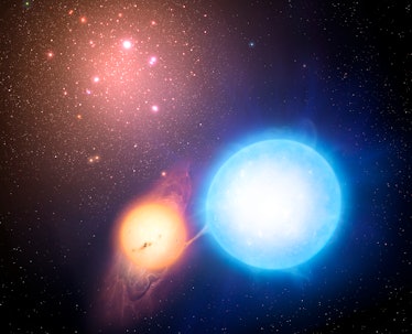 Illustration of a binary star on the outskirts of a globular cluster. Recent studies of such binarie...