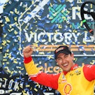 DARLINGTON, SOUTH CAROLINA - MAY 08: Joey Logano, driver of the #22 Shell Pennzoil Ford, celebrates ...