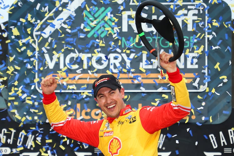 DARLINGTON, SOUTH CAROLINA - MAY 08: Joey Logano, driver of the #22 Shell Pennzoil Ford, celebrates ...