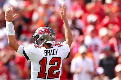 TAMPA, FLORIDA - OCTOBER 09: Tom Brady #12 of the Tampa Bay Buccaneers reacts after a touchdown duri...