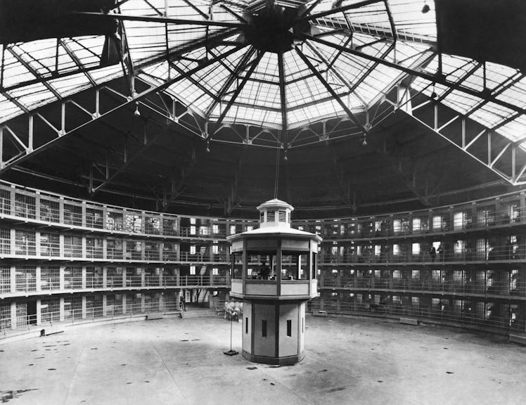 The new prison with its circular cell layout and the central guard tower at Stateville Correctional ...