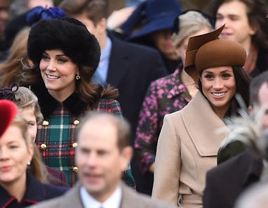 The Duchess of Cambridge (left) and Meghan Markle arriving to attend the Christmas Day morning churc...