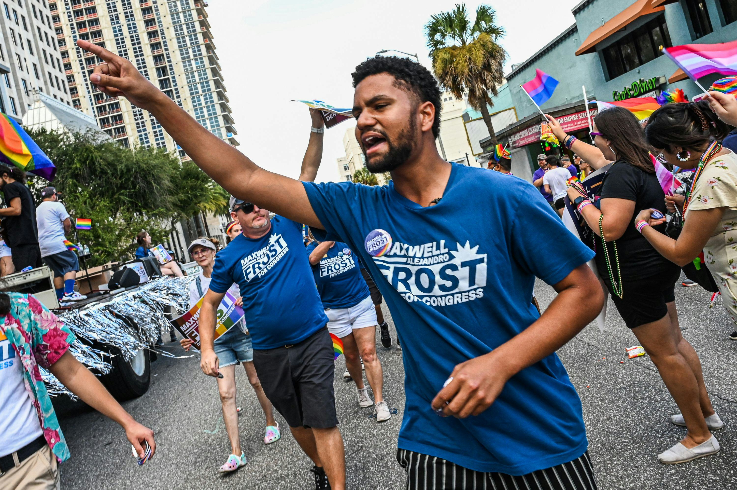 Maxwell Alejandro Frost, who&rsquo;s running for Congress, walks in a Florida pride parade.