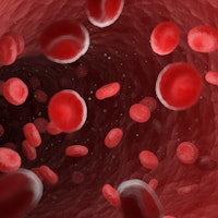 Red blood cells in a human artery, illustration.