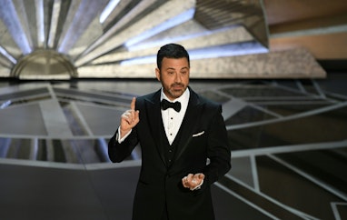 Comedian Jimmy Kimmel delivers a speech during the opening of the 90th Annual Academy Awards show on...