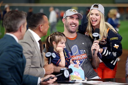 HOUSTON, TX - NOVEMBER 05:  Justin Verlander #35 of the Houston Astros and Kate Upton are seen on th...