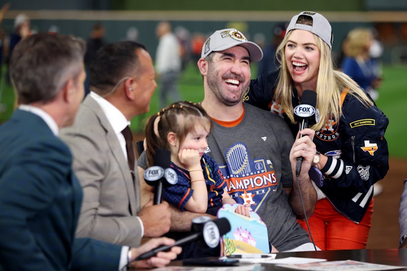 HOUSTON, TX - NOVEMBER 05:  Justin Verlander #35 of the Houston Astros and Kate Upton are seen on th...