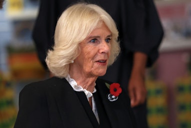 Britain's Camilla, Queen Consort leaves the Victoria and Albert Museum, after visiting the Africa Fa...