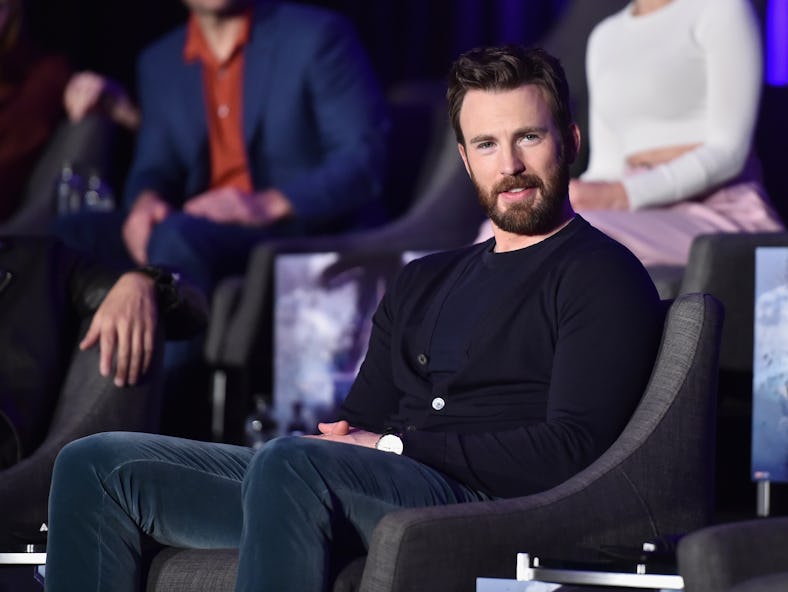 Chris Evans, wearing a sweater, speaks onstage during Marvel Studios' "Avengers: Endgame" Global Jun...