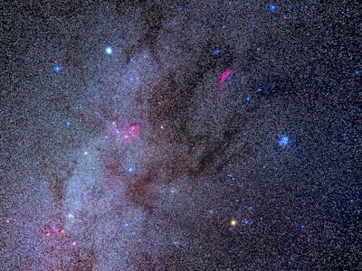 A constellation portrait of Auriga (upper left), Taurus (bottom), and Perseus (top), framing the lar...