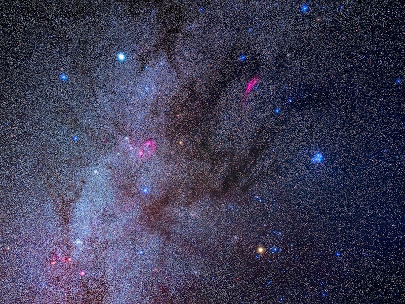 A constellation portrait of Auriga (upper left), Taurus (bottom), and Perseus (top), framing the lar...