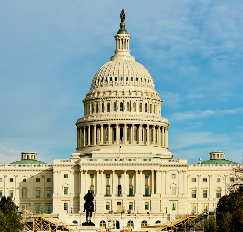 Washington, D.C., USA - November 3, 2020: Construction of a large platform can be seen in the distan...